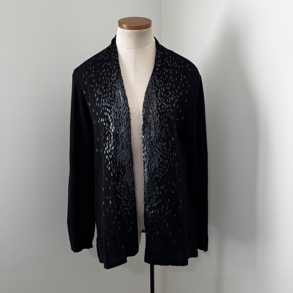 Eileen Fisher Medium Black 100% Merino Wool Sequin Cardigan Quiet Luxury Classic